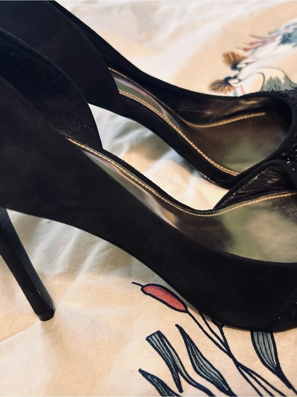 Coach Black Suede Open-Toe Heels with Sparkle Toe Strap